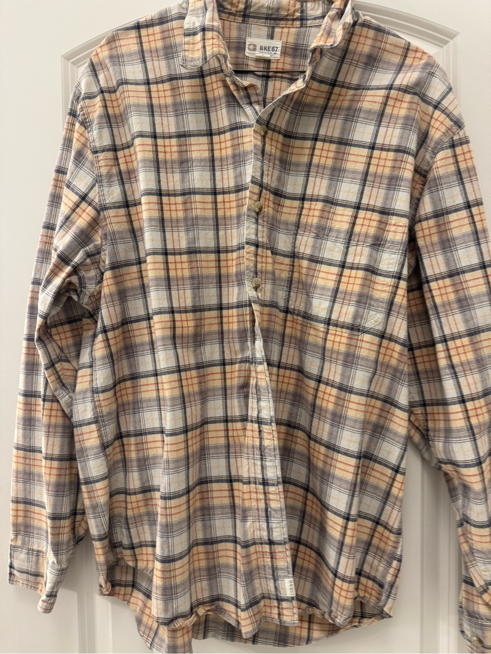 BKE Men’s Cream Plaid Button-Down Shirt with Navy and Tan Stripes